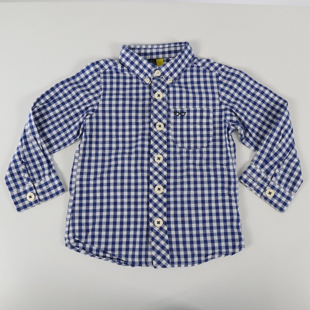 Sunny Landscape Dress Shirt Boys Toddler 3T-4T Gingham Blue White Glasses